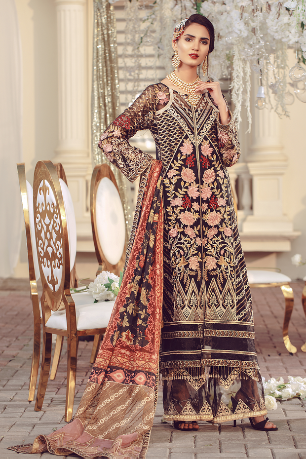 Chiffon embroidered Pakistani women formal eid dress in black color