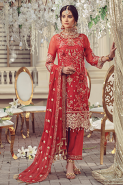 Chiffon embroidered Pakistani women formal eid wear in red color