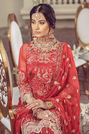 Chiffon embroidered Pakistani women formal eid wear in red color # P2494