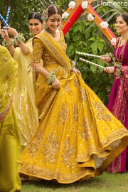 Pakistani Designer Embroidered Yellow Lehenga Choli For Bride