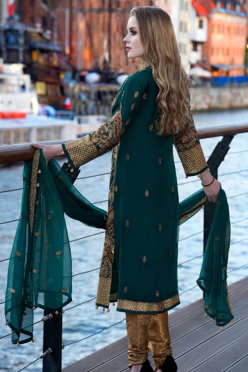 Pakistani designer zardozi embroidered dress in green color # P2309